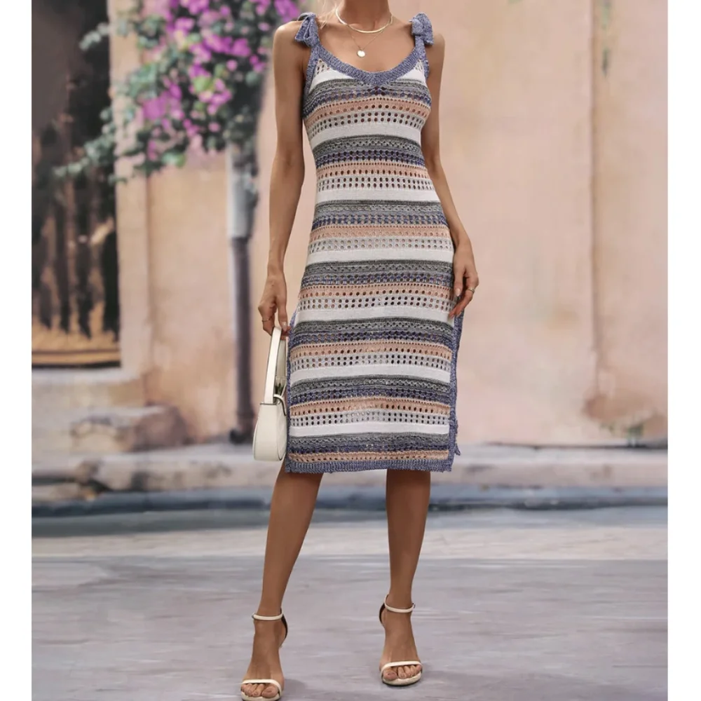 Miss Sparkling Knitted Striped Tie Shoulder Split Hem Dress Cover Up…